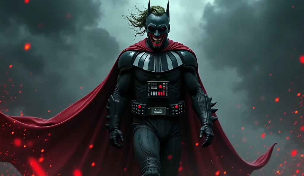 A dramatic poster of the Batman Who Laughs, featuring him wearing a dark, intimidating suit of armor resembling Darth Vader’s, with sleek black design and vibrant red accents. His face is covered by a black bandage, hiding his eyes, but his twisted, maniac...