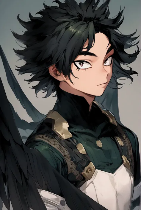 My hero academia, thin boy with black shaggy hair, thick eyeliner, black wings