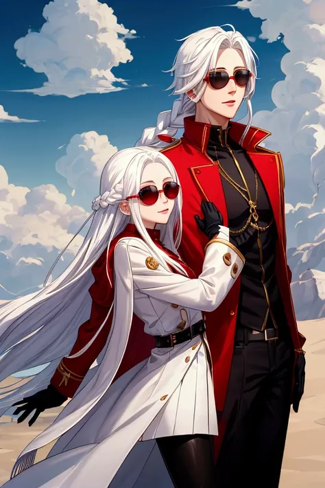 Gold of fate ((Best Character Design)) ,human Male,((oc)) ,Clear Skin , round Red SunGlasses , white hair,long braided ,zip Red Coat  , Black Gloves  , Black shirt , Black Pants 