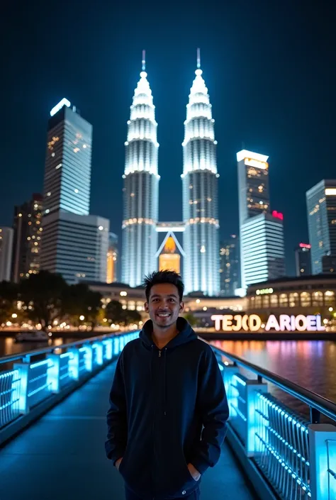 menampilkan pemanandgan kota yang hidup di malam hari dengan gedung-gedung yang diterangi and sebuah sungai. In the foreground,  there is a walkway over the river leading to the city ,  with an Asian guy wearing a hoodie jacket standing clearly over it whi...