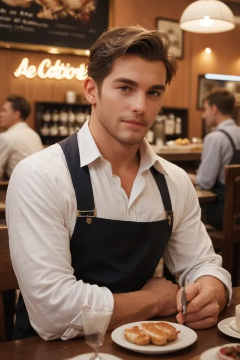 A picture of a man in a luxury chair in a cafe with the name PROFESSOR on the wall 