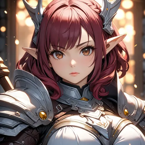 a 140cm short dwarven female warrior with burgundy curly hair, round face, slightly pointed ears, brown eyes, BBW body type, thick waist, barrel-shaped torso, wearing battle maiden armor, holding a battle axe, looking directly at the viewer, anime style, g...