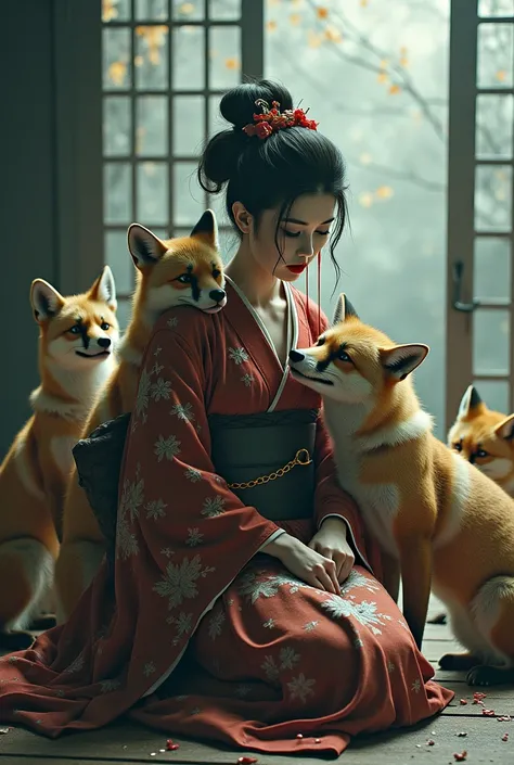 A kneeling geisha crying blood and a mixture of foxes and dogs and a dog licking the tears that fall on the geisha.