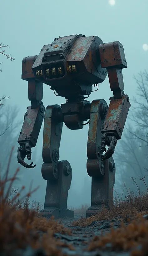 winter, dark, dusk, an abandoned old rusty mech, an overgrown , frame weathered and worn, detailed  