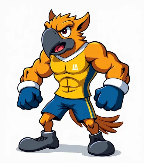 Draw a mascot of a macaw- ,strong , fierce face, muscular, imposing,  wearing a yellow-blue soccer team jersey with white collar and white cuffs,  and cleats image in high resolution and high definition  .
