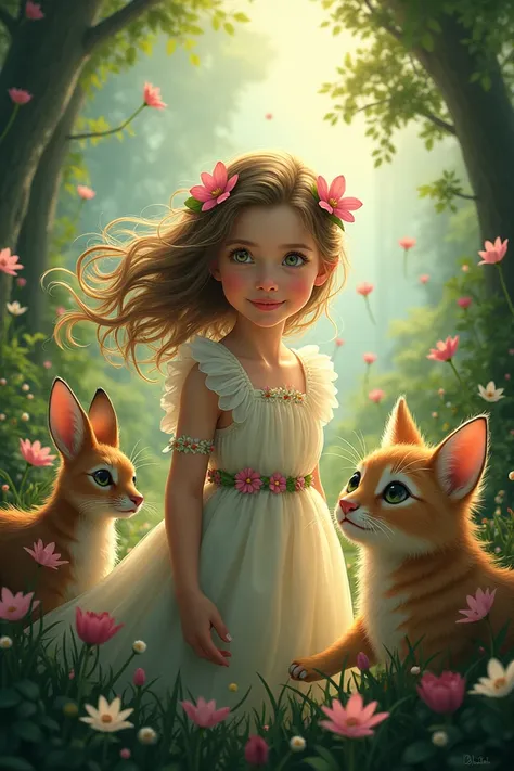 Create a movie poster a girl with animal and tree