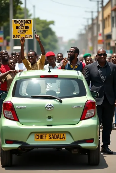 A light green compact car, similar to a Toyota Passo, with a yellow license plate displaying the bold name CHIEF SADALA. The car is parked on a busy urban street, and a prominent individual is stepping out of the car. Surrounding the scene are Tanzanian ci...