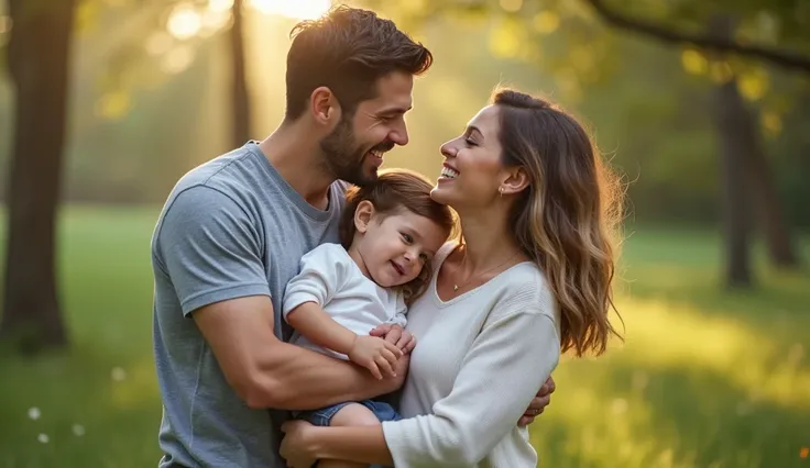 Original photo, a couple, a woman and a man with their 2 baby ren. Very realistic image, high contrast, high color effect, real 8k focus details and no spelling mistakes.