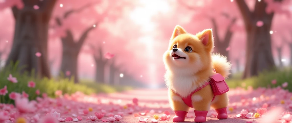 A Pixar-like animated depiction of a cherry blossom grove in Japan, with vibrant pink and white flowers covering the trees and petals gently falling to the ground. In the foreground, a playful Pomeranian dog with soft, fluffy golden fur and white accents o...