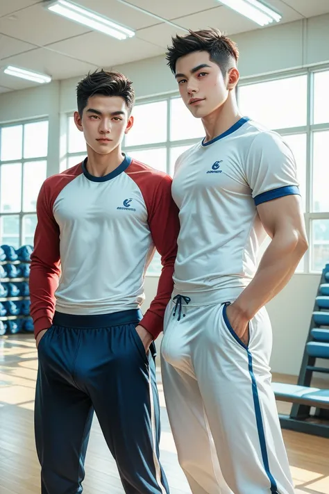 two japanese boys are standing side by side,facing the same direction,in the school gymnasium,the hands in the pocket,sportswear,big bulge of pants,horny face,grinning,red face,heavy breathing,college age,