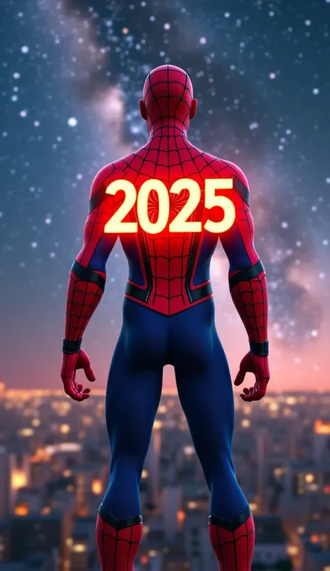 Spiderman, Standing, Holding "2025" Logo, Celebrating New Year, Night Time, Milky Way, Realistic, Cinematic 