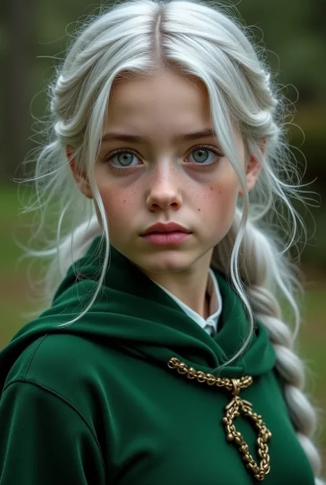  based on the world of Harry Potter I need a  silver-haired teenager tied with loose locks on the front of her face, with aristocratic features ,  and has heterochromia in her eyes , with Slytherin clothes colors green and platinum