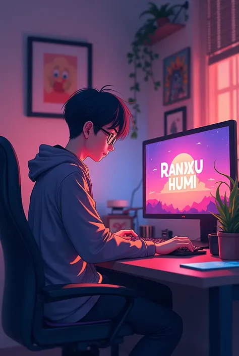 Create a anime boy that edits his videos on his pc and write a name RanXu YT on the image 