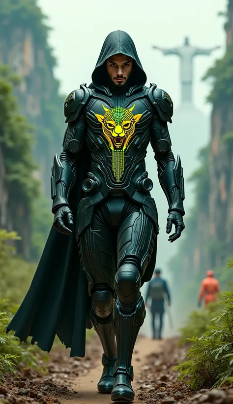 A hyper-realistic and awe-inspiring depiction of a mysterious male warrior inspired by the rebellious spirit of Anonymous walking boldly across a futuristic battlefield in the heart of Brazil. His armor is a sleek fusion of black and glowing green, yellow,...