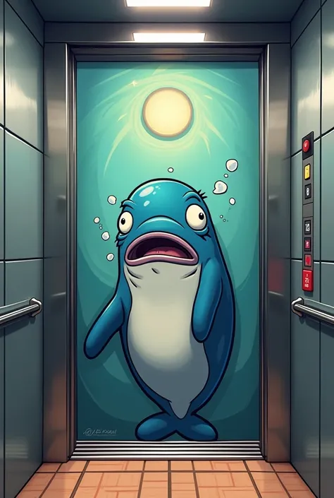  A tattoo of a whale in an elevator sweating, the tattoo in the form of a cartoon  