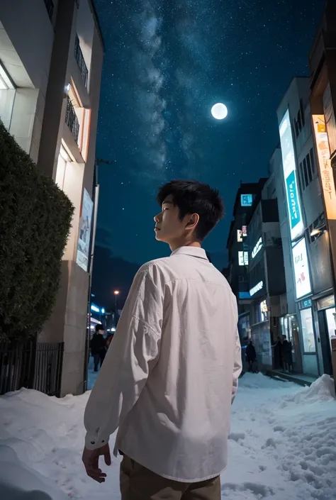  The Scene shows a winter night with starry skies and a snow-covered city,  illuminated by warm lights and a bright moon surrounded by shades of purple and blue . In the foreground,  Shun Qiu stands with his back to the viewer ,  slightly turned towards Xi...