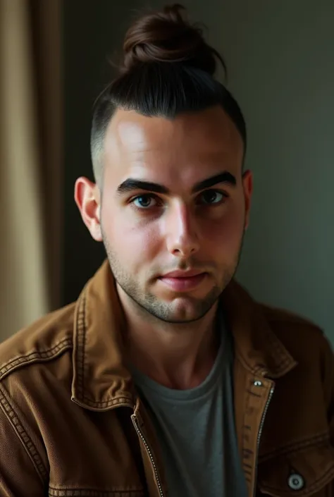 shaved sides, Men using a brown jeans jacket and a gray shirt, realistic lighting, inside an apartment. Fujicolor Superia X-TRA 400 — v 6.0 — style raw. a man with a thin face, shaved sides, and a top knot, green eyes, dark brown hair, photorealistic, high...