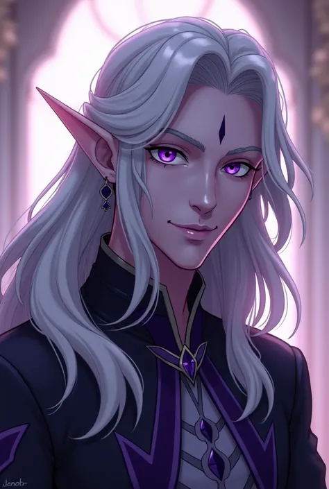 A very beautiful MALE drow elf, Prince Lotor of Voltron smiling gently 