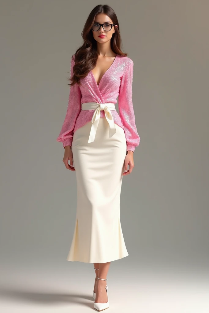 Recreate an outfit for a woman of 1 . 70 who is a brunette wearing long black hair glasses with a white upholstered skirt and a shiny pink sequin striped blouse with a white ribbon and low, open white heels