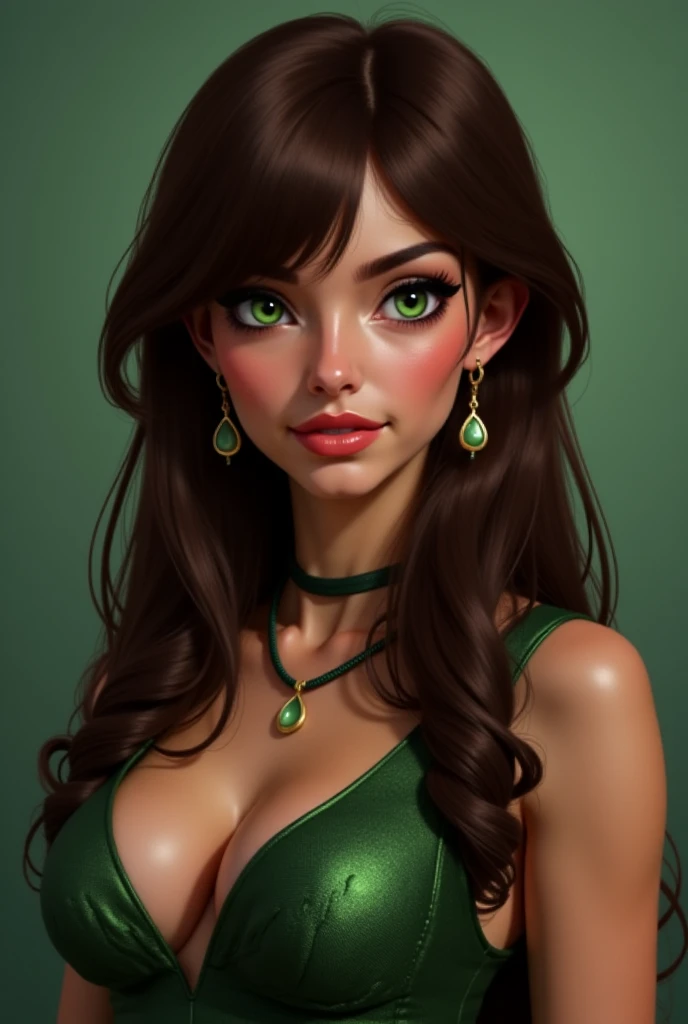 Annora Serpentis is a striking beauty with long,chocolate hair that flows gracefully down her back, accented by soft bangs that frame her sharp, angular face. Her emerald green eyes She often wears sacarmento elegance