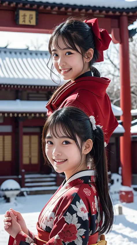 Winter landscape, temple, snowy scenery, praying in front of a large temple bell, beautiful elementary school student, one girl, Red camellia pattern Red color kimono, bust shot, best quality, black hair in ponytail, smiling face, ringing the bell on New Y...