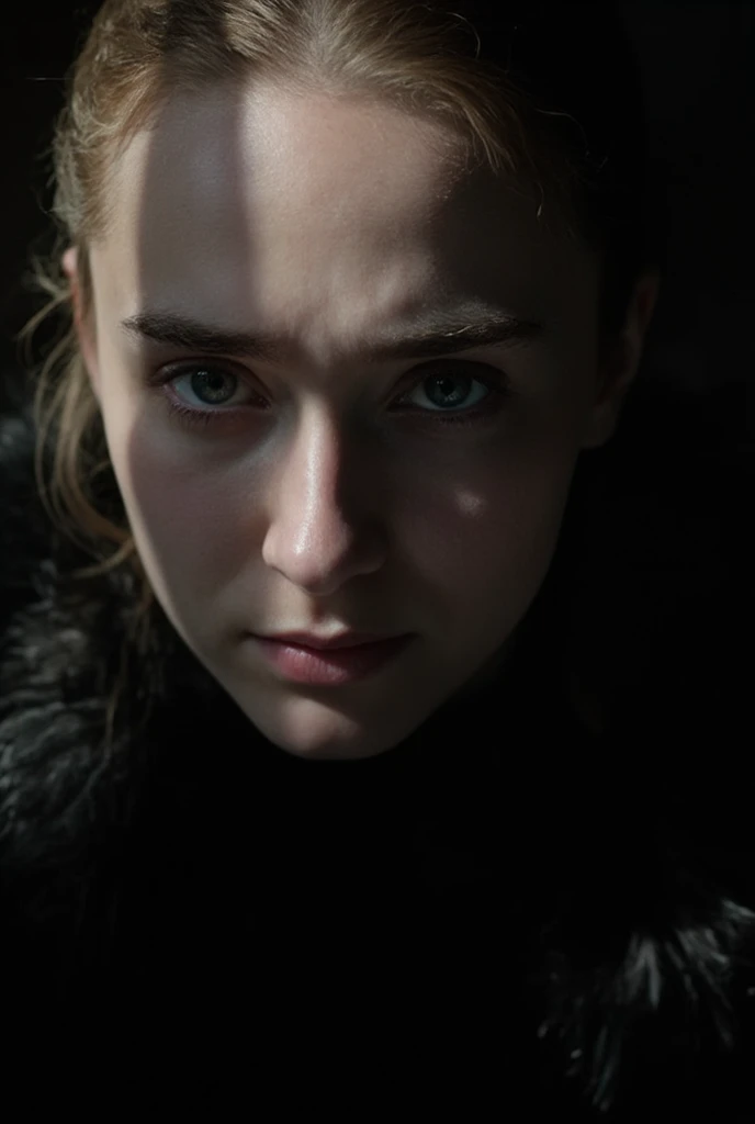 Portrait, close-up  The Sophie Turner  is in motion,  looking obliquely at the camera,  She has a worried face with a touch of anger (1/2).   Masterful photography with dynamic shadows. 