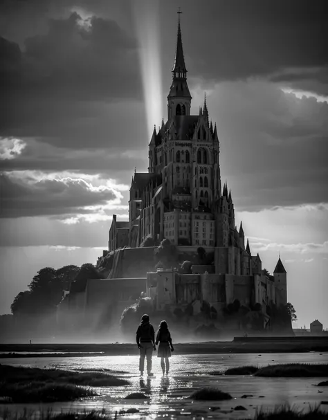 Masterpiece, (Eloise Webb:1.2), a half body shot of a young  girl survivor, alongside a 50 years old unshaved man, they are wearing used wastelander clothes, (The Last Of Us 2 vibes:1.2), a ruined post apocapyptic Mont Saint Michel stands amidst devastatio...