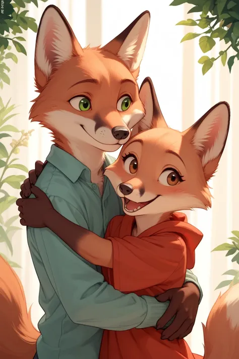 two anthropomorphic furry foxes hug each other smiling very fluffy and happy,no clothes, cute , green eyes, brown eyes female and male, 