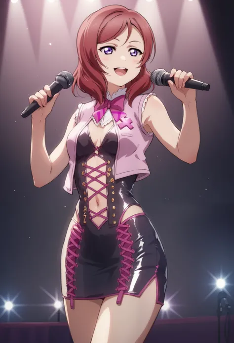 Nishikino maki, purple eyes,love live , detailed body, p4l0m4,love live,black latex short tight dress , central cross-laced cutout, covered navel,pink cropped vest, breasts apart, sexy pose, revealing clothes, dynamic lighting,on stage, seductive smile, da...