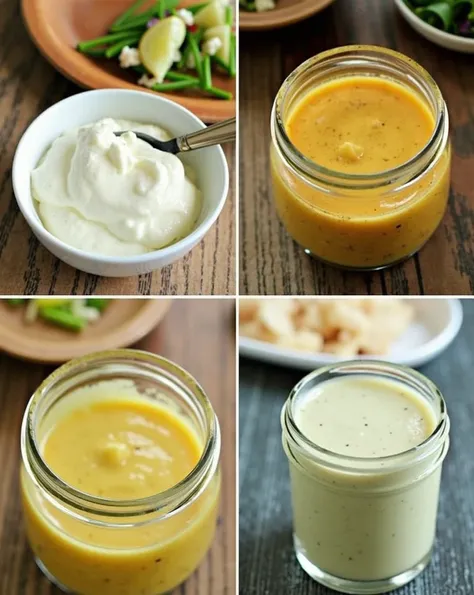  4 DRESSINGS to accompany your salads . 

 Caesar dressing
Blend :
 1 cup plain Greek yogurt
2 tablespoons finely chopped parsley
1 teaspoon white vinegar
1 teaspoon minced chives  (fresh or dried )
 ¼ teaspoon garlic powder
¼ teaspoon onion powder
Juice o...