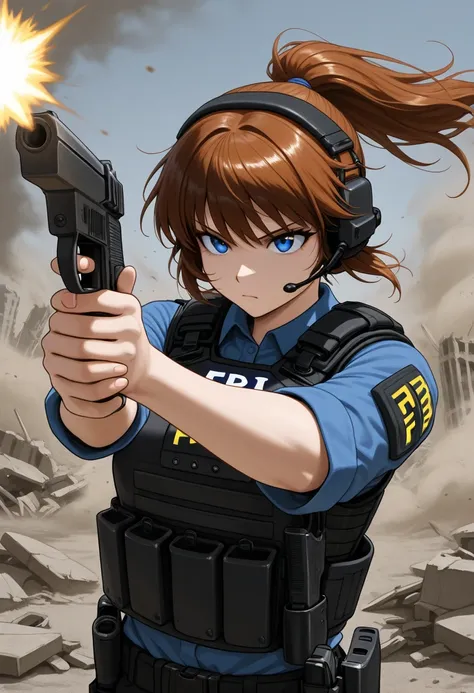  one woman,  Ponytail, beautiful eyes, beautiful hair, Beautiful skin, beautiful faces,Serious,whole body,(Point a handgun :1.6),pistol,("FBI"), shirt,Black bulletproof vest, combat boots, Black Tactical Forster , Tactical Headset ,( the background is rubb...