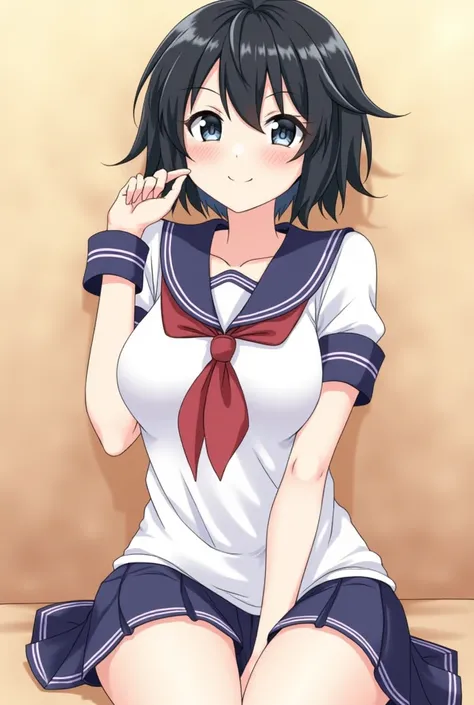 • Short, dark, shiny, messy hair
• White Ethinia
• Age range of 18 years
• Short (1,65m)
• Short school clothes  ( sailor uniform )
 • Big legs
• Ahegao face
• Huge boobs  (Hitomi Tanaka)
• Anime style  (Ilulu - Maid Dragon)