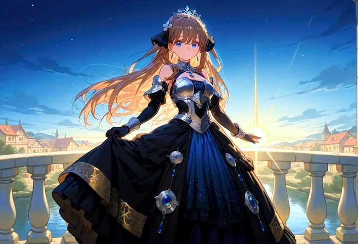 At twilight, Ayumi, a noble and determined young swordswoman, stands gracefully on the balcony of a grand stone castle. Her long, flowing brown hair, tied with elegant black ribbons, sways gently in the evening breeze. Dressed in her silver-plated knightly...