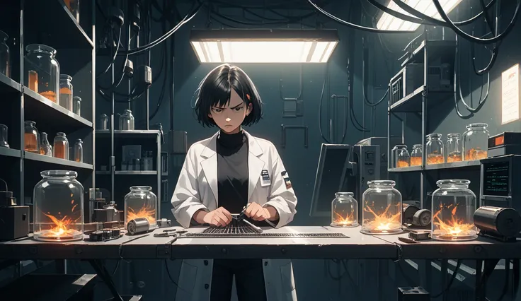 Palma Shishinegura, a character from the manga Choujin X, stands in a dim laboratory, analyzing a severely burned body on a stainless steel table. She leans forward with one gloved hand using a surgical tool and the other on the table for balance. Her shor...