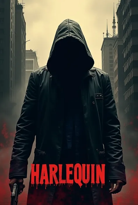 Movie poster about a mysterious character who murders politicians and police officers in Peru and under the poster is written the word HARLEQUIN with cartomantic letters