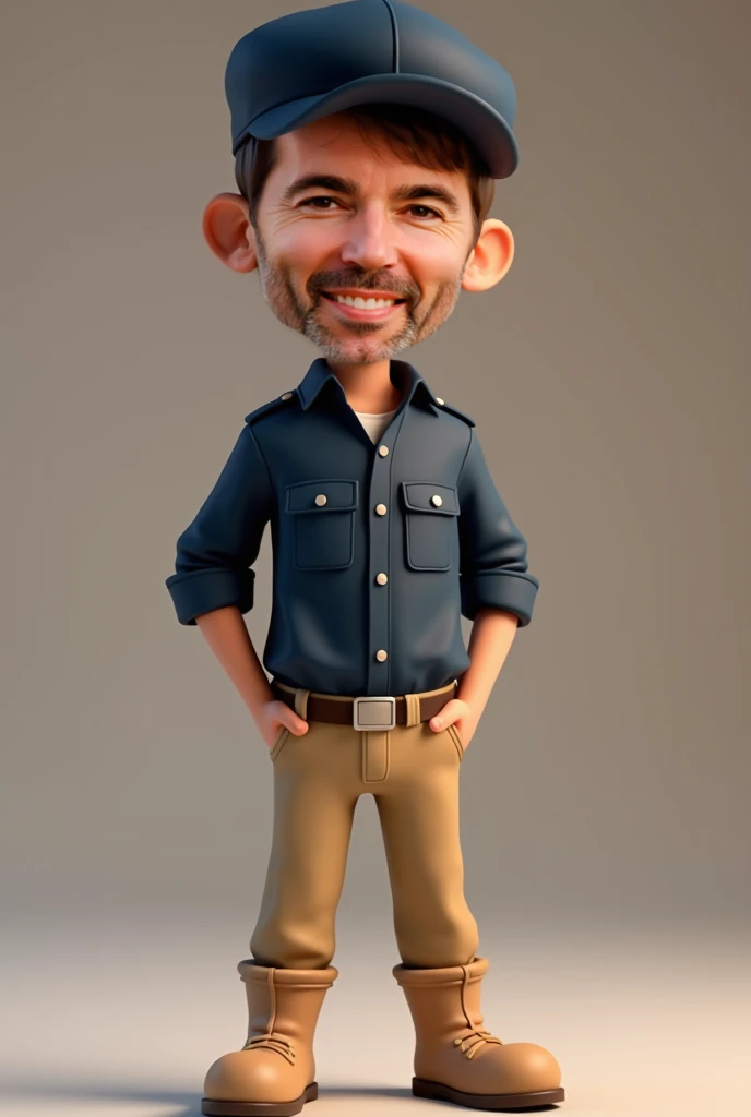 Cartoon character of a young man wearing dark navy blue combat shirt and dark navy blue cap, beige pants, beige boots.Stylized character, animation style rendering, 3D stylized, Arnold Maya render,toon render keyshot, Close up character, Pose character, (P...