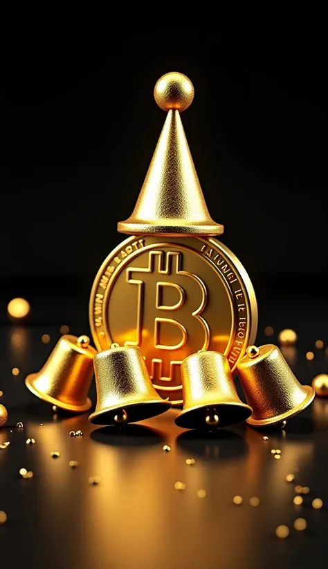 Bitcoin with bells and gifts with a party hat, New year 2025, crypto theme, set against black background