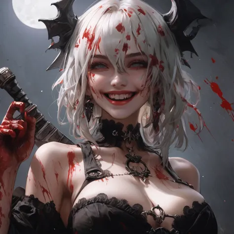 ,, Crazy Smile ,Scythe Face,Girl Monster ,  slave, beautiful,  Detailed Portraits ,  graceful face, Sharp Eye,  sharp fangs,  blue-white skin, Thick Chain,  dark background ,,  dark atmosphere, Dark fantasy,  one girl, ,  open your mouth wide, Open your mo...