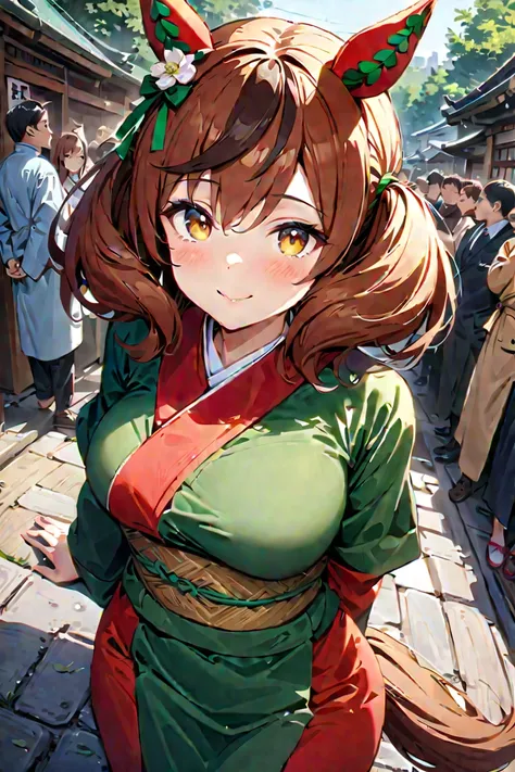 ((8k, highest quality, master piece: 1.2, super detailed, super high resolution, super detailed)), 1 girl, Nice Nature (umamusume), (smile: 1.6), bbchiyo, horse ears, medium hair , hair between the eyes, bangs, hair flower, (Green sweater, short sleeves), ...