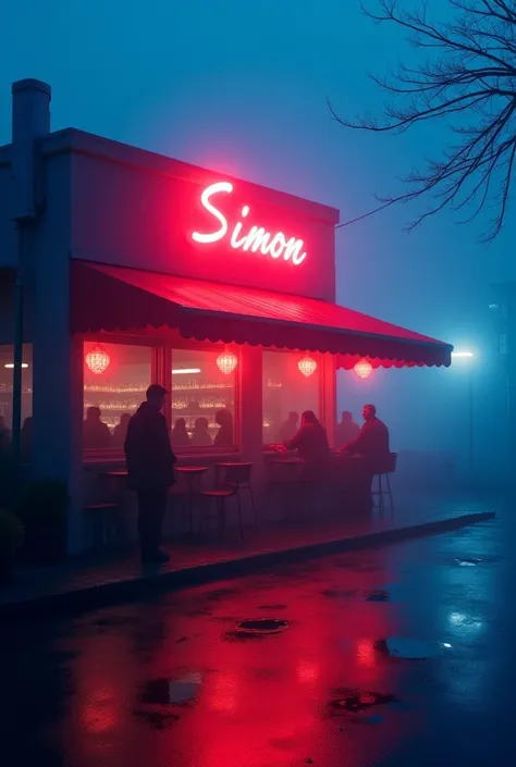 Blue Foggy neon light cafee. Simon written on the sign. Red lights inside the cafe. Let the red lights reflect on the asphalt