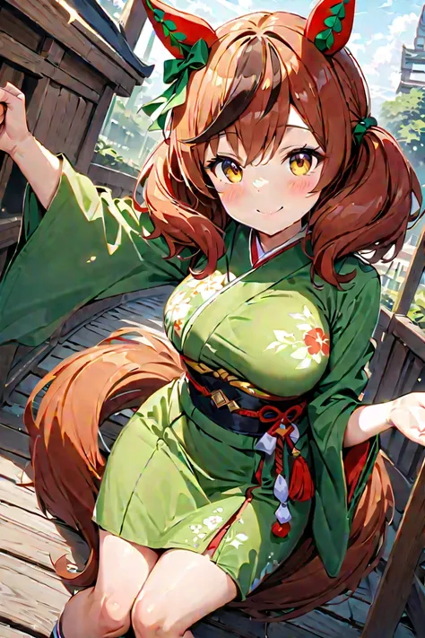 ((8k, highest quality, master piece: 1.2, super detailed, super high resolution, super detailed)), 1 girl, Nice Nature (umamusume), (smile: 1.6), bbchiyo, horse ears, medium hair , hair between the eyes, bangs, hair flower, (Green sweater, short sleeves), ...