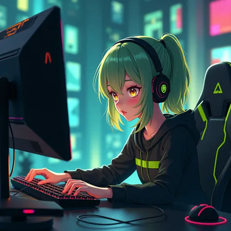 Create an anime woman in front of your black and lime green gamer computer