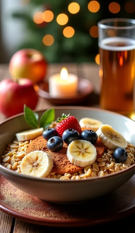 Hgraphic elements, Dynamic Light, Cinematics, HDR, UHD, professional PHOTOGRAPH OF"Festive Breakfast Table
Capture an entire breakfast scene featuring the Holiday Oatmeal Bowl alongside other festive brunch items, with beautiful table settings, candles, an...