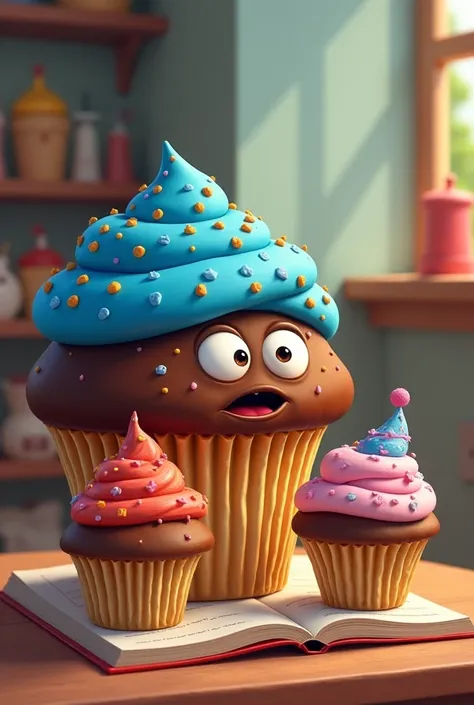 An illustration of Papa Cupcake, a chocolatey cupcake with blue frosting, telling stories to the family, with Brother Cupcake and Sister Cupcake listening with wide eyes, in a cozy, bakery-themed setting.