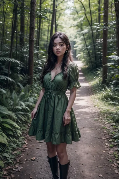 a woman in a green dress in a dark forest during the day with snakes