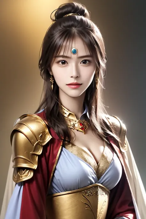 ((The upper body of a female warrior wearing gold and red light armor and a cloak:1.5)),1 person,  black hair,  belly shortcut   ,Big breasts and cleavage,  high-definition face and skin texture  ,  staring at the camera,   Chinese Warrior:1.2,  perfect be...