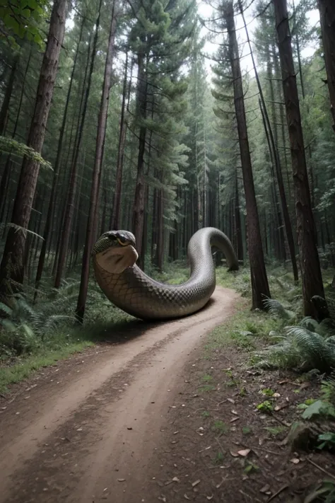 A big snake in a dark forest during the day with snakes