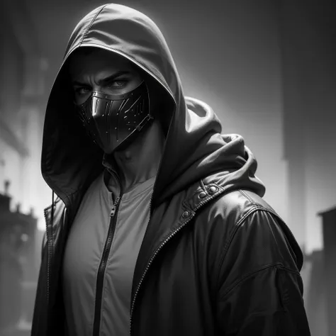 anime style a masked boy in a hooded overcoat, hooded figure, dark mysterious atmosphere, cinematic lighting, muted color palette, high contrast, dramatic chiaroscuro, moody and atmospheric, detailed facial features, intricate textures, (best quality,4k,8k...