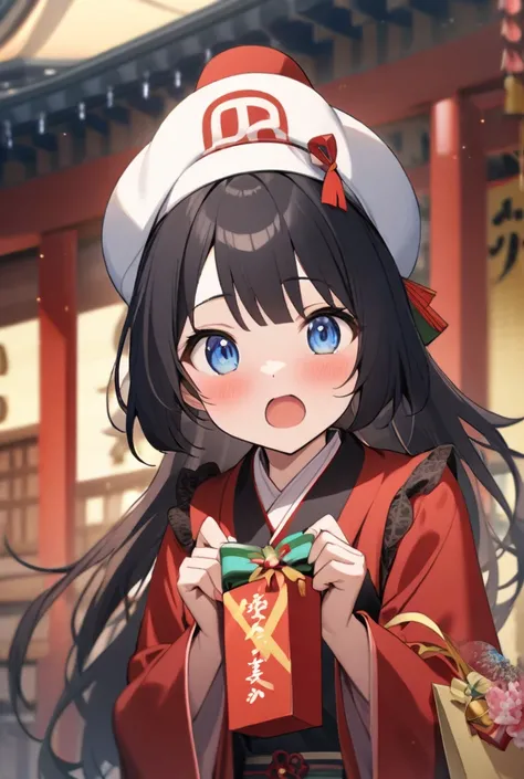  One Girl ,  black hair,  shortcuts,  open your mouth,  blue eyes, Do you have New Years gifts, Mario&#39;S Hat New Year , New Year&#39;s gift, bell,  temple background girl holding a New Years gift bag
