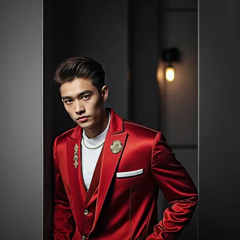   Creates a 21-year-old man  , 1,70 dee alto,   dark brown hair  ,  Asian eyes ,  PIEL BLANCA,  athletic but not excessively muscular body  ,  with a white shirt ,  a red tuxedo with gold details , A stew that says Team Wang ,  black shoe in a dark room wi...